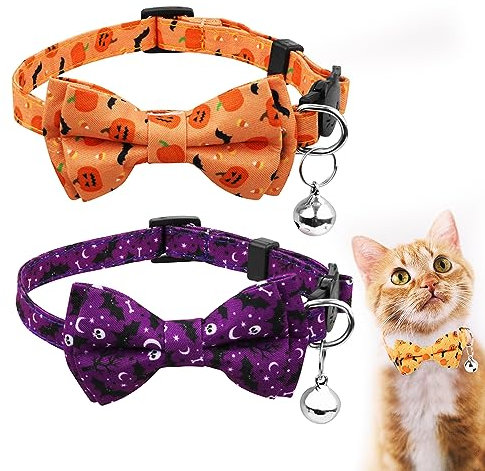 2stk Halloween Katzenhalsband, Verstellbar mit Schleife Bedruckter Kürbis Fledermuse Muster Breakaway Silberner Glocke Sües Halsband für Ktzchen Welpen