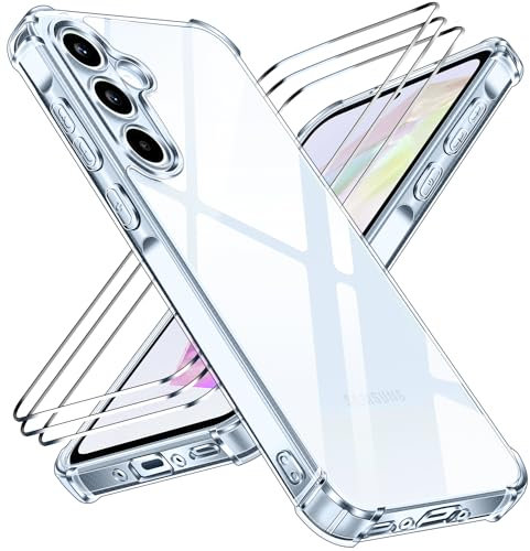 iVoler Anti Ingiallimento Chiaro Cover per Samsung Galaxy A35 5G con 3 Pezzi Vetro Temperato, Custodia Antiurto Trasparente per Assorbimento degli Urti con Paraurti in TPU Morbido Sottile Case
