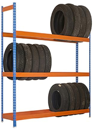 Simon Rack Simonauto Reifenregal, 3 Ebenen, hohe Tragkraft 120 kg, 2000 x 1800 x 450 mm, Regal für 18 Reifen, Blau/Orange