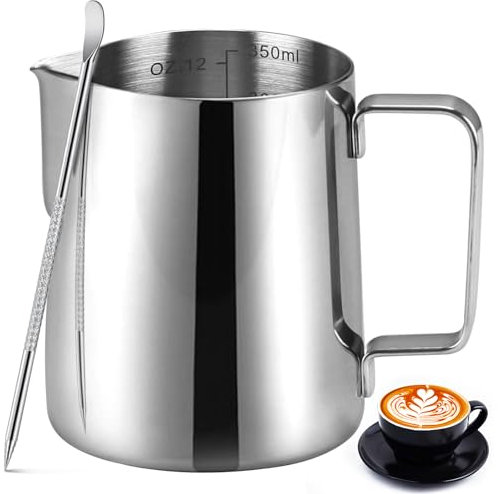 Milk Frothing Pitcher,12oz Milk Frother Cup Stainless Steel Milk Steamer Cup,Cappuccino Espresso Machine Accessories Barista Tools,Steamer Froth Pitchers Milk Jug Cup with Decorating Latte Art Pen