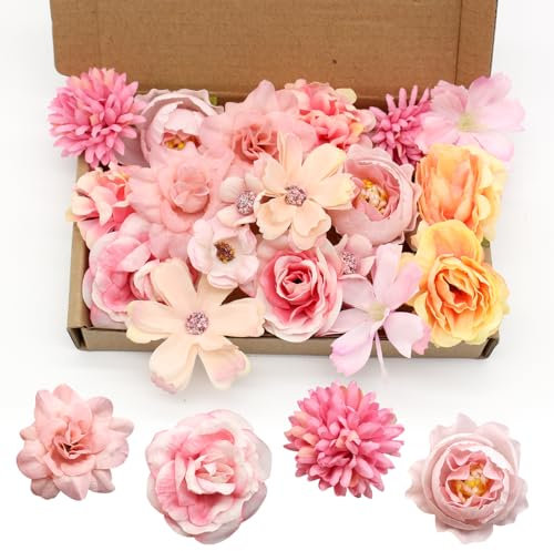 Ryvera Künstliche Blumen Deko, 20 Stück Kunstblumen Köpfe Rosa, Kunstblumen Blumenköpfe Künstliche Blütenköpfe Stoffblumen zum aufnähen für DIY Basteln Scrapbooking Geburtstag Hochzeit Party Home Deko