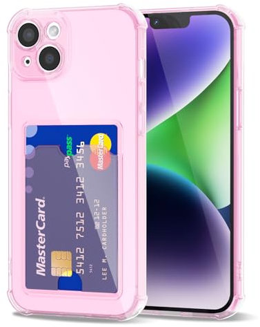 Svanove for iPhone 14 Case Wallet Clear, Card Holder Case with Credit Card Slot, Thin Slim Transparent Silicone Grip Soft Rubber Protective Shockproof Airbag Bumper for Women, Light Pink