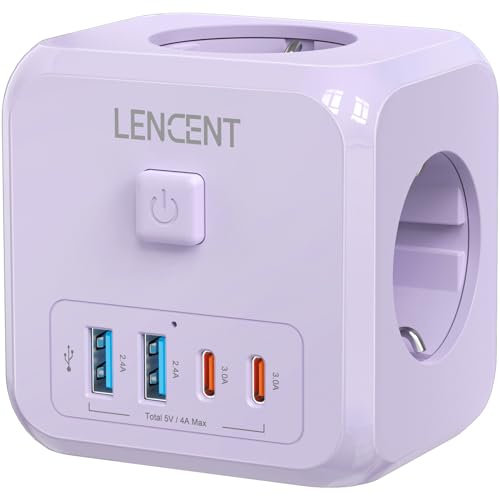 LENCENT Cubo Enchufe USB 7 en 1, Ladron Enchufes 4000W, Cubo Enchufes Múltiples Pared con 3 Tomas de CA, 2 USB-A, 2 Tipo-C y Interruptor, Cargador para Oficina, Cocina y Habitación, Púrpura