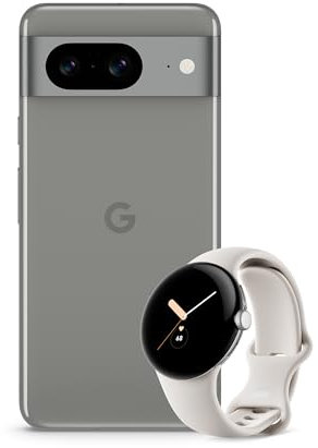 Google Pixel 8 – Unlocked Android smartphone with advanced Pixel Camera, 24-hour battery and powerful security – Hazel, 128GB Smartwatch, Silver with Chalk Strap