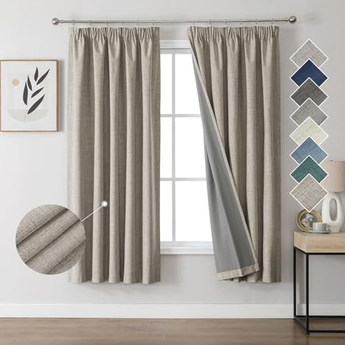 Joydeco 100% Verdunkelungsvorhänge Leinen Gardinen mit Kräuselband 2er Set H183xB132cm Leinen, Thermovorhang Kälteschutz Blickdicht Schallschutz Ideal für Wohnzimmer passt zu Schienensystemen