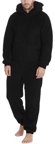 Overall Herren Teddy Fleece Jumpsuit Winter Warm One Piece Anzug Fleece Onesie Flauschig Einteiler Schlafanzug für Teenager Jungen S-5XL Ganzkörperanzug Hausanzug Mit Kapuze Geschenke für Männer(O Sch