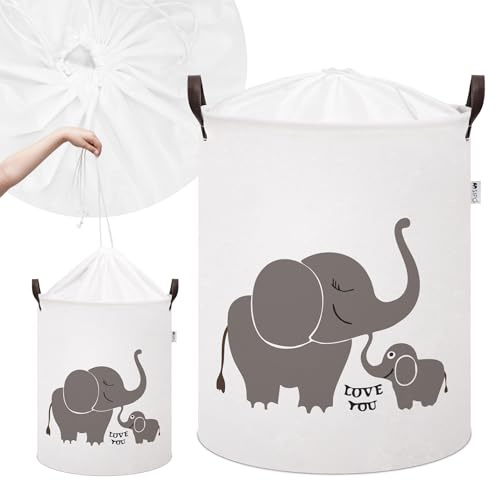 SIPO Wäschekorb und Spielzeugkorb XL 43L Elefanten Tiermotiv Baumwolle Canvas Großer Aufbewahrungskorb für Kleidung Textilien Kuscheltiere Spielzeug Faltbar mit Griffen Wasserabweisendem Innenfutter