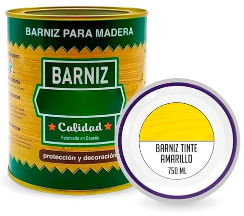 Tradineur - Bote de Barniz para Madera - Fabricado en España - Ideal para todo tipo de Maderas, vigas, cerchas, marcos, etc. - Capacidad de 750 ML - Amarillo