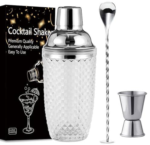 Chingcoo Cocktail Shaker 400ml Glas Cocktailshaker Klarglas Silber Cocktail Shaker Mixer Set Schaufel Anfänger Barkeeper Kit mit Edelstahl Messbecher Schaufel für Zuhause Bar Fruchtsäfte Getränke