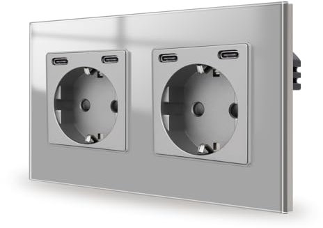 JIMEIDA Enchufe gris con USB C 20 W, 2 enchufes, carga rápida, empotrable, puerto Two tipo C, 16 A, 250 V