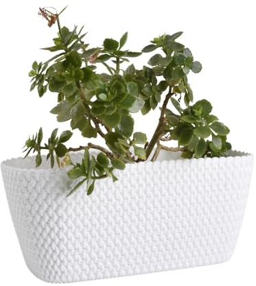 B2C Rectangular Planter Long Flower Pot Indoor Outdoor Patio Plant Case Plastic Woven Rattan knitted braided pattern Home & Garden (White, 40cm)