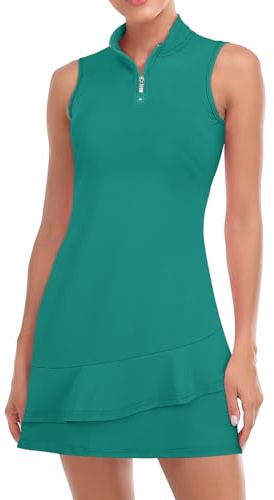 Viracy Tennis Dress for Women Sleeveless Golf Dresses with Shorts and Pockets Ruffle Zip Up Stand Collar Golf Outfits, Cyan Green, XS