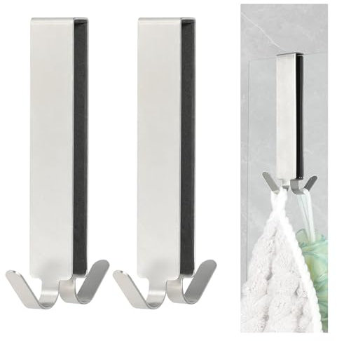 YoHyien 2 Pcs Shower Glass Door Hooks, Double Sided Shower Towel Hooks with EVA Pad, Extended Stainless Steel Over Shower Door Hook, for Bathroom 0.2-0.4 in Thick Frameless Glass (Silver x 2)