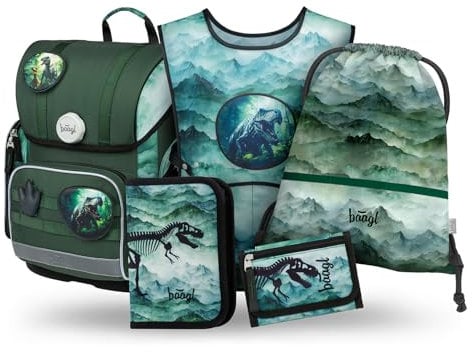 Baagl Schulranzen Jungen Set 5 Teilig (Ergo Schultasche für 1. Klasse, Mäppchen, Turnbeutel, Schürze, Brustbeutel), Grundschule Ranzen, Ergonomischer Schulrucksack, 19 l (Dino)
