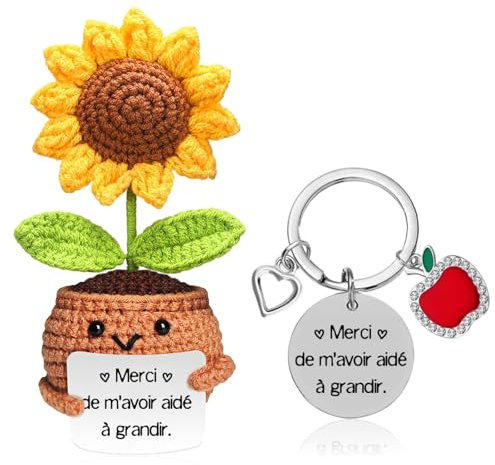 Cadeau Maîtresse d'École -Tournesol Tissé Main & Porte-Clés avec Message Merci | Idée Cadeau pour Professeure des Écoles, Institutrice, Enseignante (Fin d'Année Scolaire, Rentrée, Remerciement)