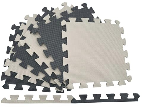 MaTvize Eva Foam Baby Play Mat – 24Pcs (29x29cm) 8mm Thick Soft Grey & Beige Interlocking Floor Tiles, Waterproof, Non-Slip, Safe & Comfortable Matting for Kids Child (Grey+Beige, 24 Pack)