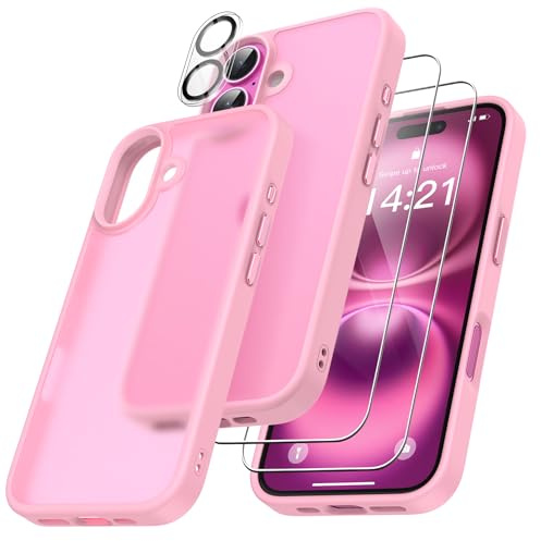 FLLAO 4 in 1 für iPhone 16 Hülle, Rosa | 2 Schutzfolie und 1 KameraSchutz, Integriertes Luftkissen, Stoßfest Kratzfest Weich TPU Handyhülle, Transparent Schutzhülle
