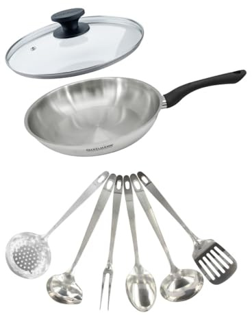 Fackelmann 9445550 Pfannenset 28 cm aus Edelstahl 18/8, Glasdeckel und 6 Edelstahlutensilien, Bratpfanne, für alle Herdarten, Induktionspfanne, PFAS-frei, Edelstahl 18/8, Glas, 28 cm | Komplettes Kochen, Pfanne 28 cm, Glasdeckel, 6 Küchenutensilien aus Edelstahl, für alle Herdarten geeignet, ohne PFAS