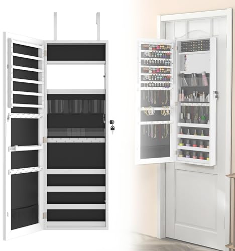 ACXIN Schmuckschrank Zum Aufhängen Wand Spiegelschrank Groß mit Spiegel Schmuckaufbewahrung Schrank für Ohrringe Halsketten Armbänder Ringe Organizer Badezimmer Schlafzimmer, Weiß