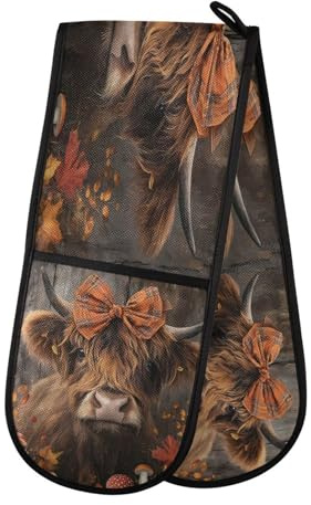 Oven Gloves Double Oven Gloves Highland Cow Bow Wooden Oven Mitts Pot Holder Heat Resistant Quilted for Kitchen BBQ Baking Cooking Gloves