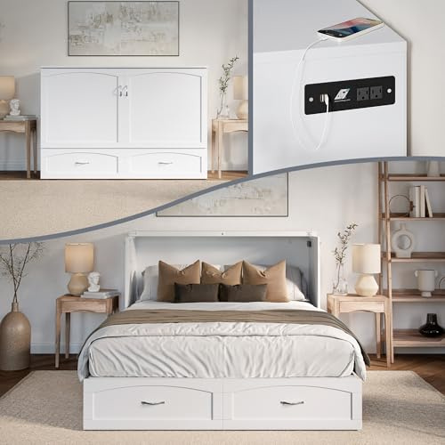 AFI, Marion Queen Wood Murphy Bed Chest with 6 Mattress, Storage Drawer, & Built-in Charger, White