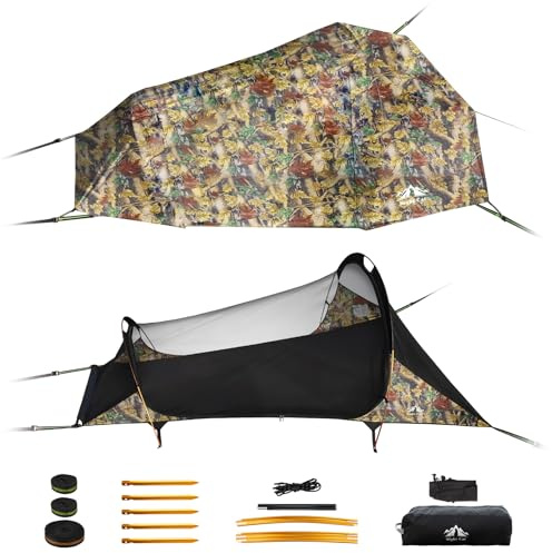 Night Cat Campinghängmatta för 1 person: Trekantig platt bottenhängmatta med myggnät och utomhus camping vattentätt täcke för backpacking i djungelkamouflage