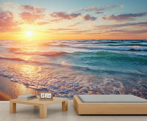 Sunset Beach Wallpapers Waves and Sand Wallpaper Girls Room Golden Sun Wall Mural Wallpaper for Girls Bedroom Living Room Mural Poster 350X256cm
