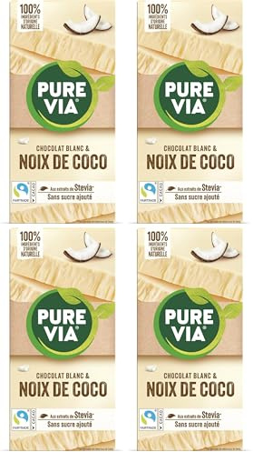 Pure Via Tablette Chocolat Blanc & Coco à la Stevia, Sans sucre ajouté, Équitable 100g (Lot de 4)