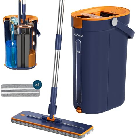 Balai Serpillière Essoreur Plat 3 Réservoirs K1-Pro, Réelle Séparation Eau Propre Et Sale, Nettoyage Hygiénique sans Effort, Jet-Brosse, Manche INOX, Tête XL, x4 Microfibres Lavables, Marque Française