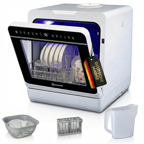 Sommertal SP9 Mini Geschirrspüler | 5L Tank, 10+1 Funkt., Touch, LED | Tischgeschirrspüler für 1-5 Personen, bis 28cm Teller, freistehend, Festanschluss & Wassertank, kompakte Spülmaschine