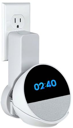 NoveraPrime] Wall Mount Stand for Echᴏ Spot 2024 & Hopestar H52, Outlet Holder with Hidden Cable Management, No Drill Screws, Space-Saving Smart Speaker Mount for Kitchen, Bathroom, Bedroom - White