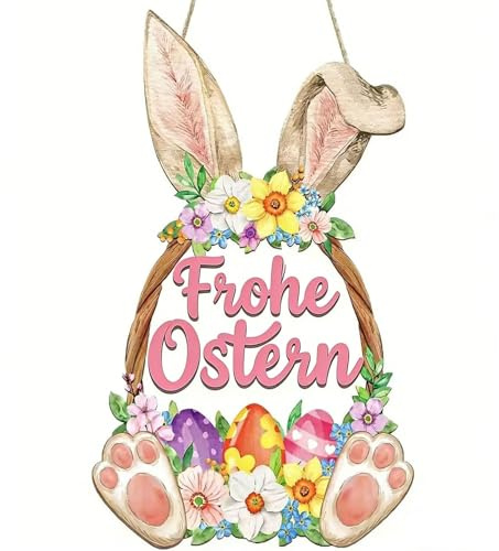 Gleemix Holz Türschild Frohe Ostern, Türschild Willkommen Ostern Deko, Osterdeko zum Aufhängen, Türdeko Haustür mit Osterhase und Ostereier, Osterdeko Holz für Haustür