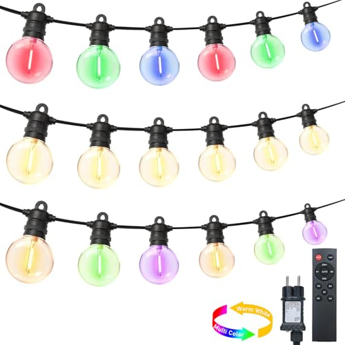 LED Lichterkette Außen Strom, 15M Warmweiß und Bunt Lichterkette, 24 G40 Glühbirnen Lichterkette Outdoor, 8 Modi|4 Dimmbar|Timer|IP68, Aussen Lichterketten für Balkon, Garten, Terrasse, Party Deko