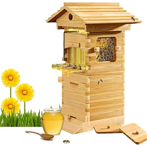 Flow Hive, Bikupa Kit, Trä Bikupa med 4 Ramar och 6 Honingskaksbrickor, Automatisk Honingskran Bikupa för Nybörjare och Professionella Biodlare, Lätt att Montera