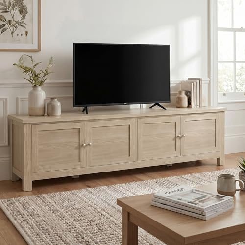 Blisswood Large 180cm TV Unit for 55–80 Inch TVs, Traditional Style Painted TV Stand with Double Door Storage & Adjustable Shelves, Oak Effect Top, Wooden Entertainment Unit for Living Room, Oak