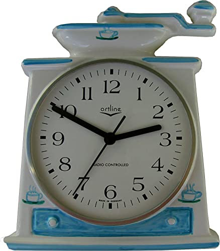 Artline Keramik Küchenuhr Funkuhr blaue Kaffeetassen Kaffeemühlen Form handbemalt