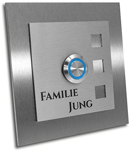 Jung-Edelstahl-Design Türklingel mit Gravur Manhattan. Klingelplatte 10x10 cm. Led Taster blau. Klingelschild V2a Edelstahl.