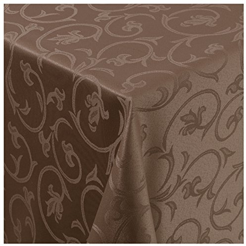 Tischdecke Damast Stoff Barock Tulpen Tischtuch Bügelarm eckig 130x130 cm in Braun mit umgenähtem Rand Premium Qualität