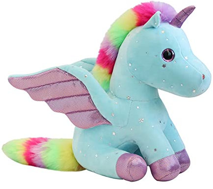 Mislaxy Einhorn Kuscheltier Glänzende Mehrfarbig Regenbogen Engel Einhorn Pegasus Plüschtier Kawaii Weich 23 cm Geschenk für Weihnachten Geburtstag (Blau)