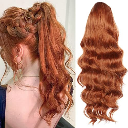 YEESHEDO Pferdeschwanz Haarteil Clip Extensions mit Kordelzug Lang Wellig Haarverlängerunge Natürliche Perücke Afro Lockige Ponytail fuer Zopf (Ingwer)