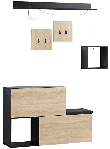 HOMCOM 4-in-1 Garderobenset, Flurgarderobe Flurmöbel inkl. Garderobenständer, Schrankbank, Wandregal, Wandgarderobe für Eingangsbereich, Natur+Schwarz 120 x 32 x 78cm