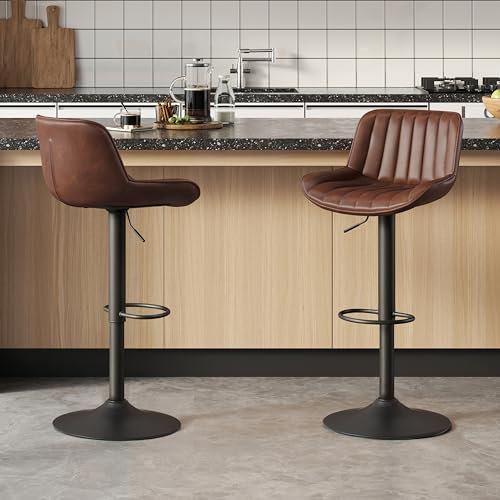 Zouron Barhocker 2er Set, Barstuhl Höhenverstellbar, 360° Drehbar Tresenhocker Bistrohocker Küchenstühle mit Rückenlehne für Bartheke, Küche und Esszimmer, Braun