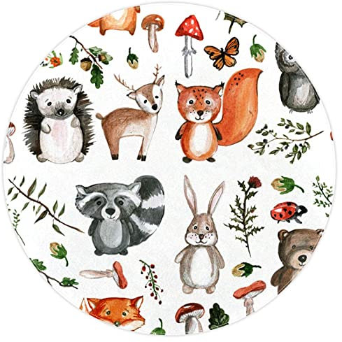 Teppich für Mädchen Schlafzimmer, runder Teppich, runder Teppich für Kinderzimmer, niedliche Raumdekoration,Wald Herbst Tier Igel Fuchs Kaninchen
