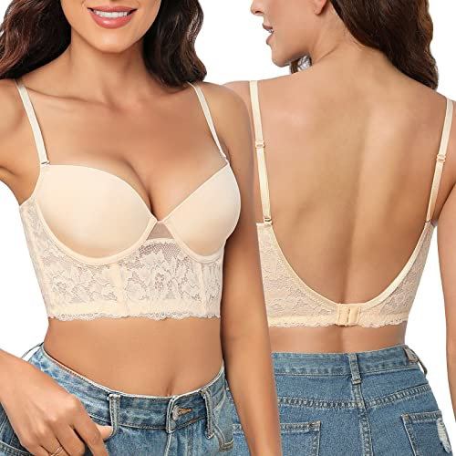 Niwicee Soutien Gorge Dos Nu Soutien-Gorge Push-Up Deep-V Plunge, Armatures Soutien-Gorge Dos Nu Dentelle Floral, Bretelles Multiposition Amovible Bra Dos en Forme De U-Beige-38-B