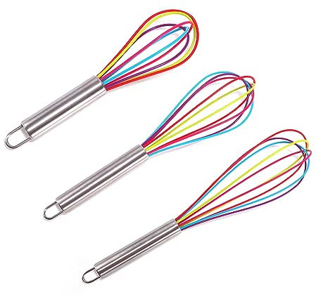 3PCS Colorful Silicone Whisk, Kitchen Baking Whisk, Large Medium Mini Baking Utensils, Suitable for Stirring Batter, Mixing Sauce, Frothing Milk