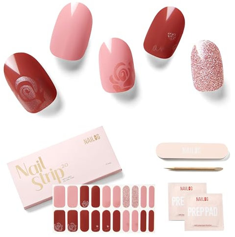 NAILOG Semi Cured Gel Nail Strips (20Pcs Extra Long Stickers/Wraps) | Glossy & Long Lasting Soft Gel Finishing | Darling Roses