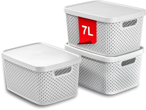 astor24 PREMIUM 3er XXL Set Aufbewahrungsbox Korb mit Deckel Organizer Ideal für Büro, Kleiderschrank, Schrank, Küche & Haushalt (Weiß, 3er Set 7 Liter)