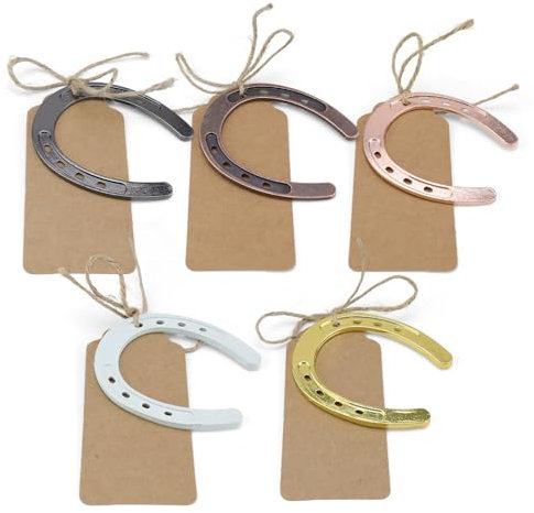 FINELYCR 5 Pièces Fers à Cheval Porte-Bonheur, Ensembles Fer a Cheval Decoration avec Motifs Gravés, Fer a Cheval Cordelette en lin Étiquette en Papier Kraft, Idéal pour Mariages, Anniversaires
