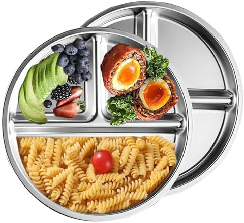 RUIBOLU Portionskontrollteller aus Edelstahl für Erwachsene, Gewichtsverlust, Diabetiker, Diät, geteilter Teller, unzerbrechlich, rund, Metall, für Küche, Camping, Picknick, 22,9 cm (2)