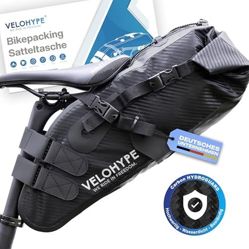 Velohype® Bikepacking Satteltasche | 10 Liter | 100% Wasserdicht | extrem Fester Halt | reissfestes Carbon-Hydroguard Material | für Gravelbike, Rennrad, MTB und Touren Fahrräder